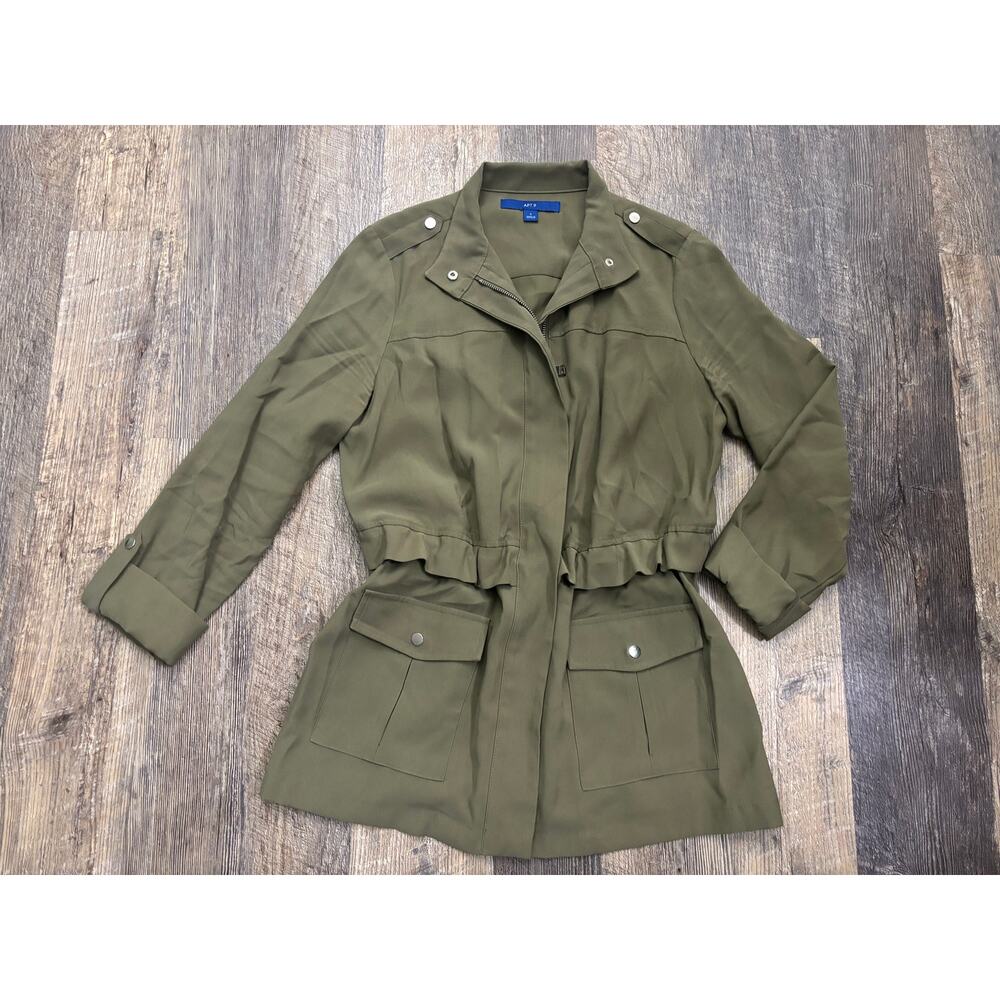 Apt. 9 Womens Olive Green Utility Field Jacket Ruffle Waist Size S Full Zip